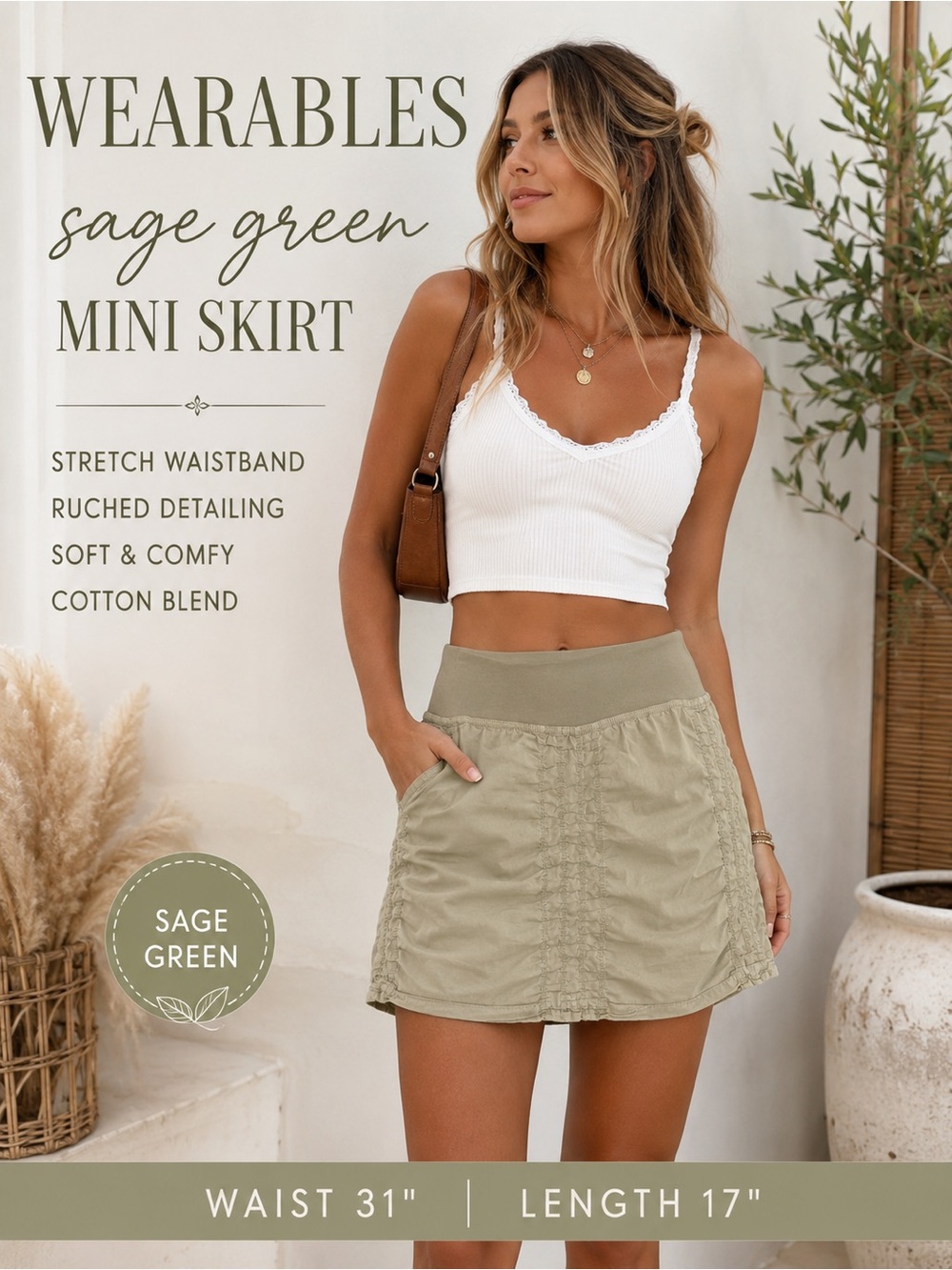 Wearables Sage Green Ruched Stretch Waist Mini Skirt Size Small Boho Y2K